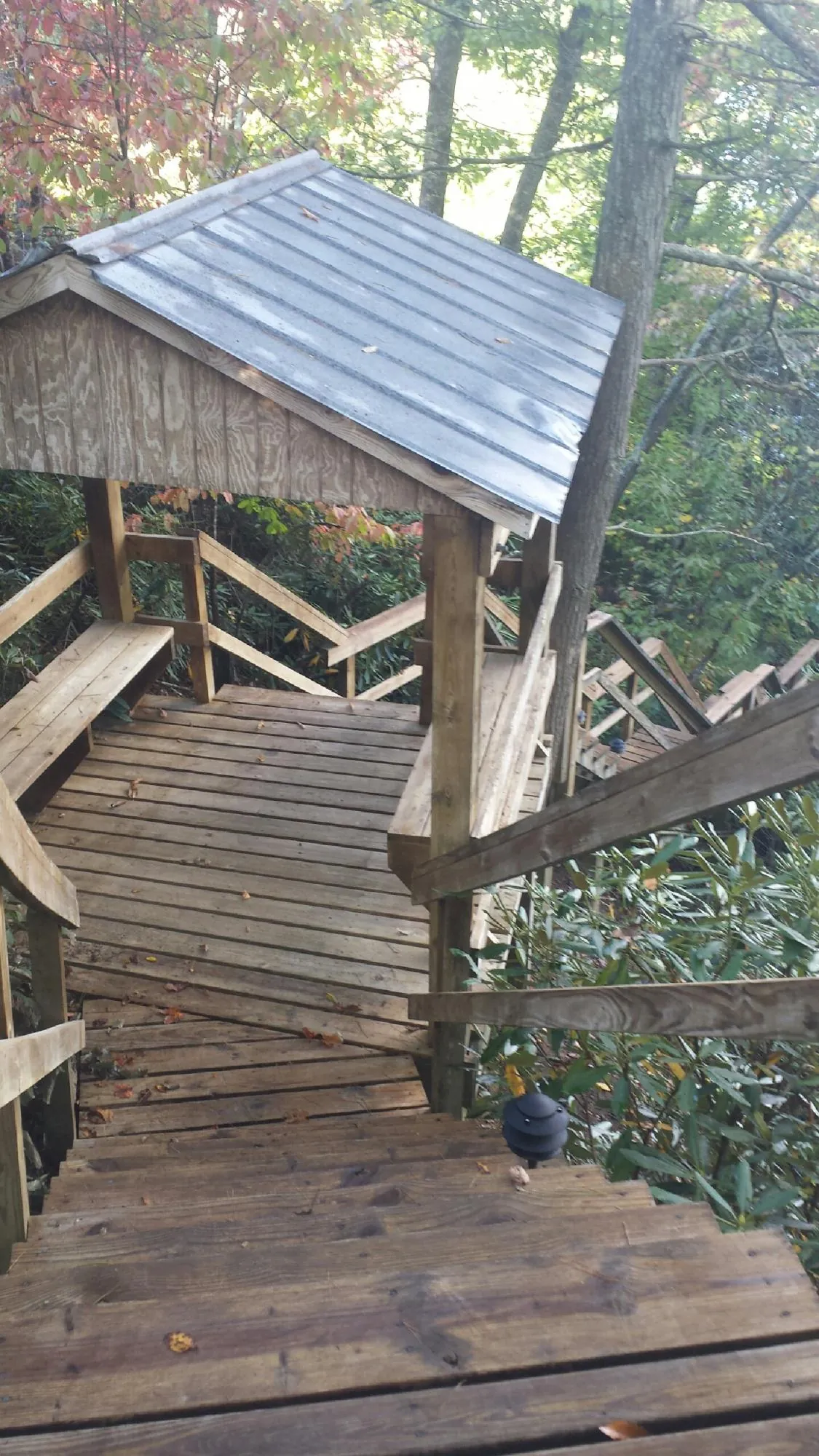 Metal roofed shelter over wooden steps on a wooded walkway — Skylight Repair & Installation work by our crew in Doniphan